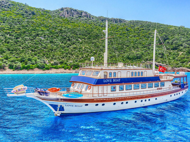 Love Boat Gulet Exterior Drone Shot from Port Bow Quarter