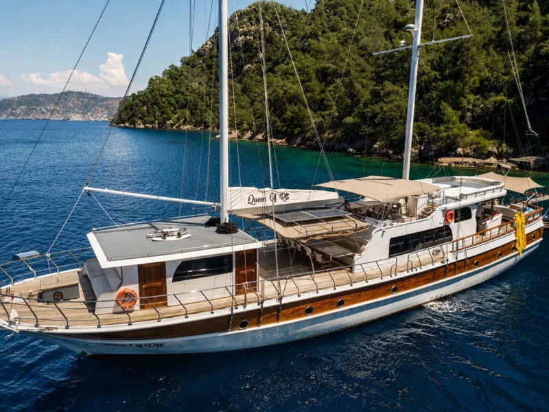 Queen of RTT gulet exterior close drone shot from port side