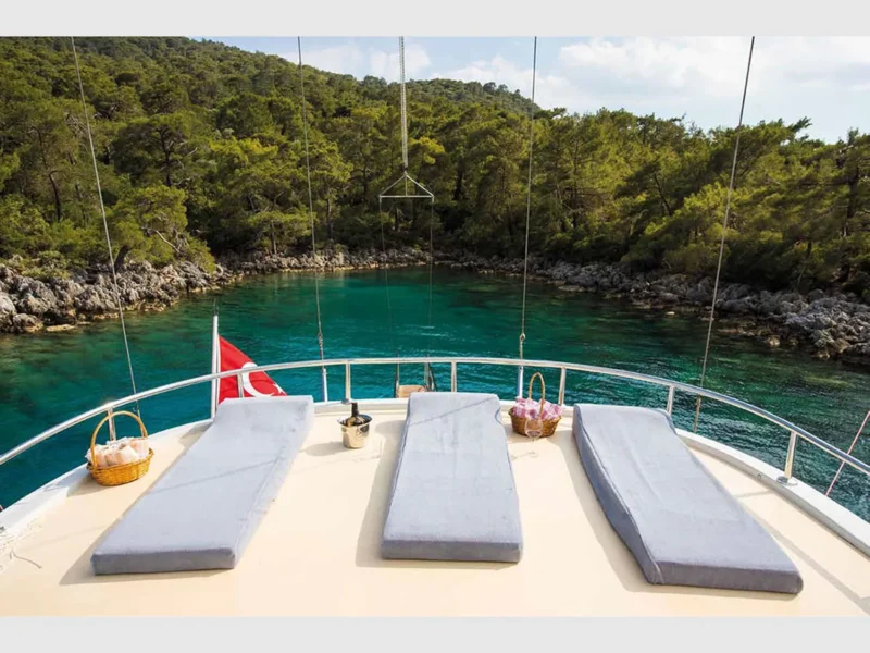 Queen of RTT gulet outdoor upper deck sunbeds
