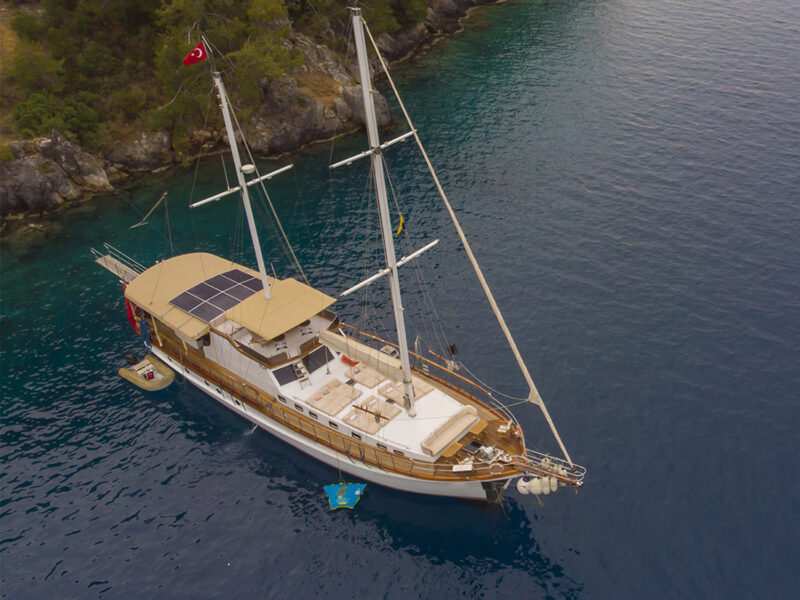 Afilli Gulet exterior drone shot from starboard bow quarter
