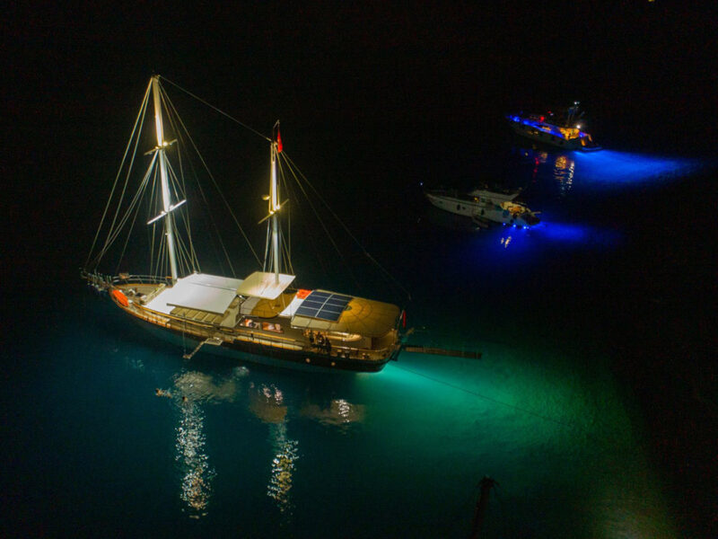 Afilli Gulet exterior drone shot at night