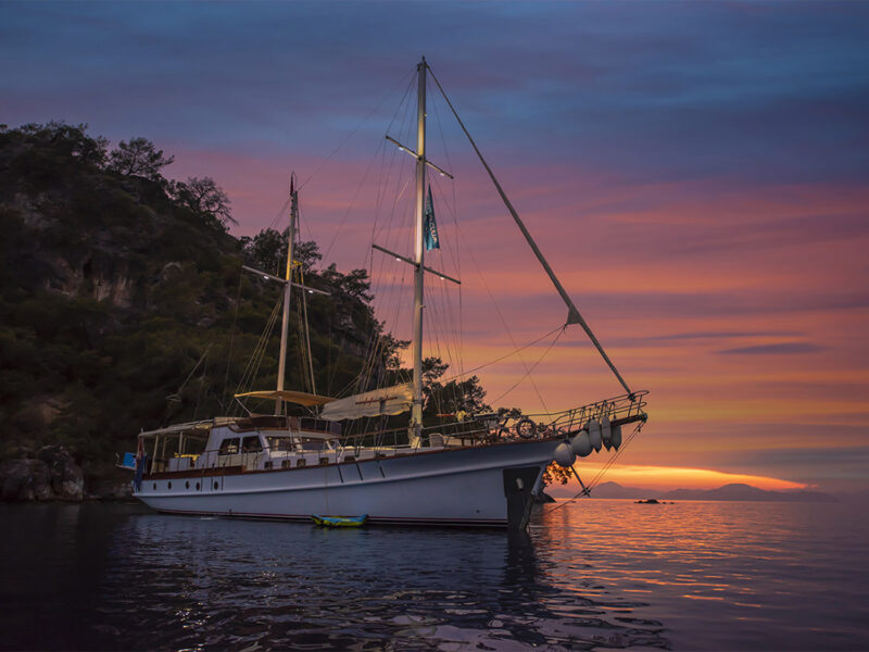 Afilli Gulet exterior shot from starboard side at sunset