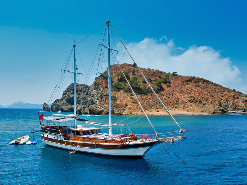 Hasay Gulet exterior shot from starboard bow quarter