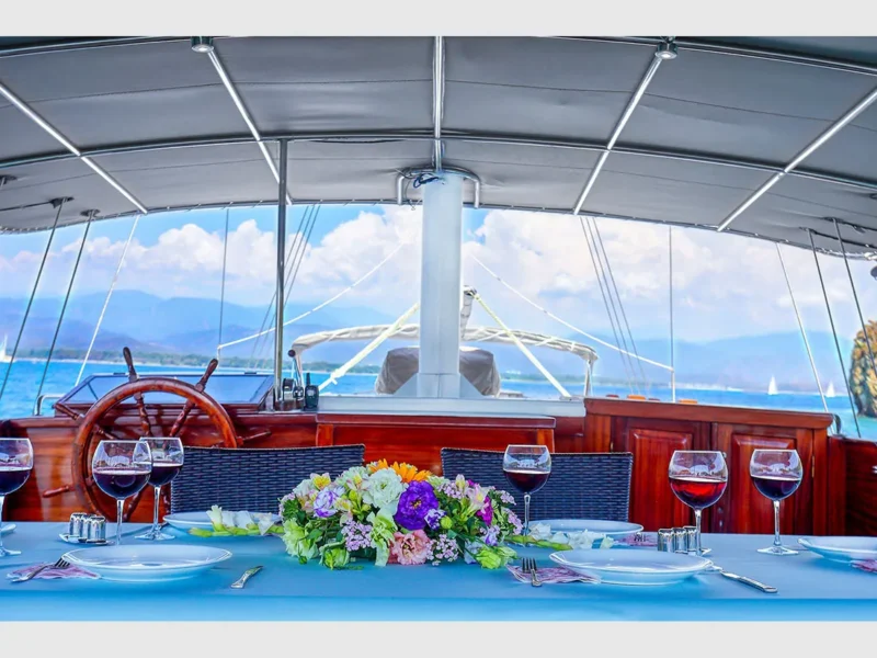 Hasay gulet outdoor aft deck dining table close-up