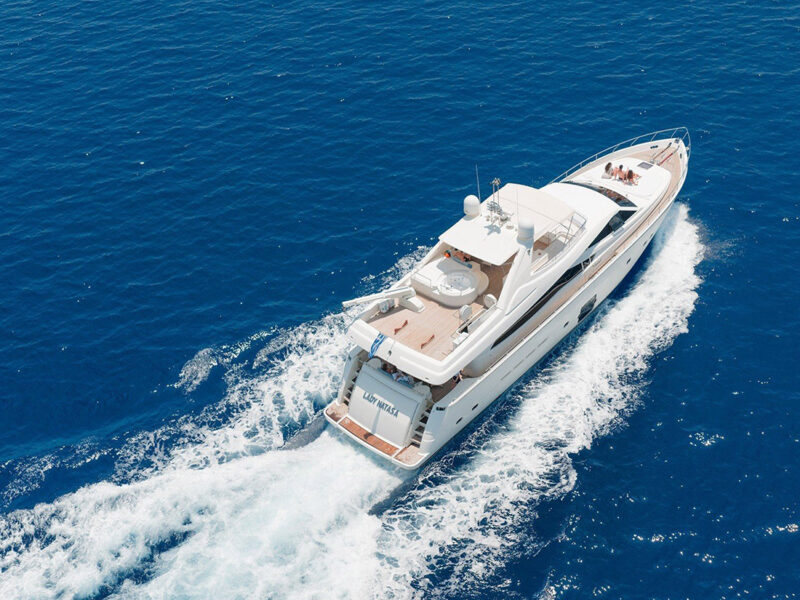 Lady Natasa Ferretti 830 exterior drone shot from starboard aft quarter while cruising
