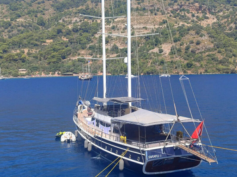 Drone shot of Sarayli-1 gulet from port aft quarter
