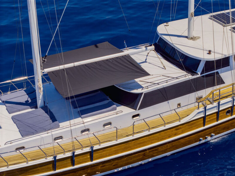 Emine Charter Gulet exterior close-up drone shot