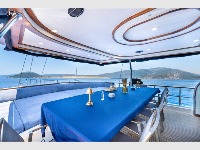 Emine Charter Gulet outdoor aft deck dining table and lounge
