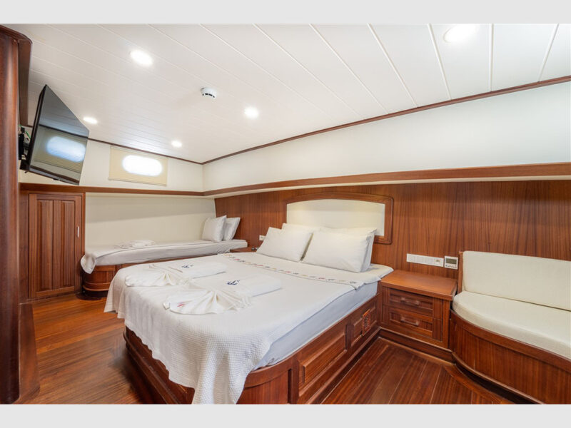 Emine Charter Gulet interior fore master cabin wide angle