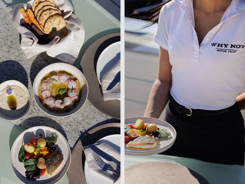 MY Why Not Dominator 780S charter yacht lunch presentation