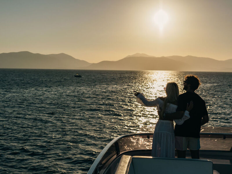 MY Why Not Dominator 780S charter yacht view from upper deck at sunset