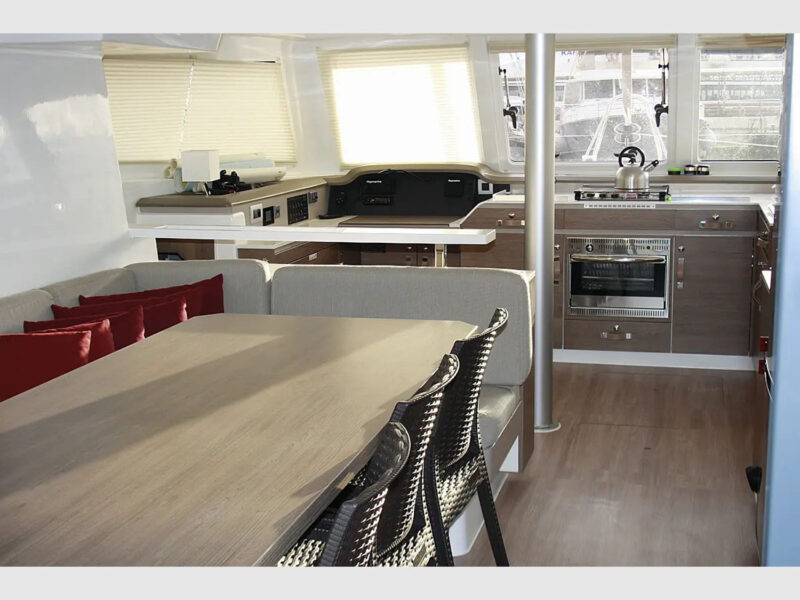 Bali 40 Catspace rental catamaran Marmaris interior saloon dining table