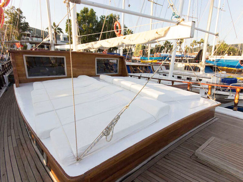 Rhodes blue cruise gulet outdoor foredeck sunbeds
