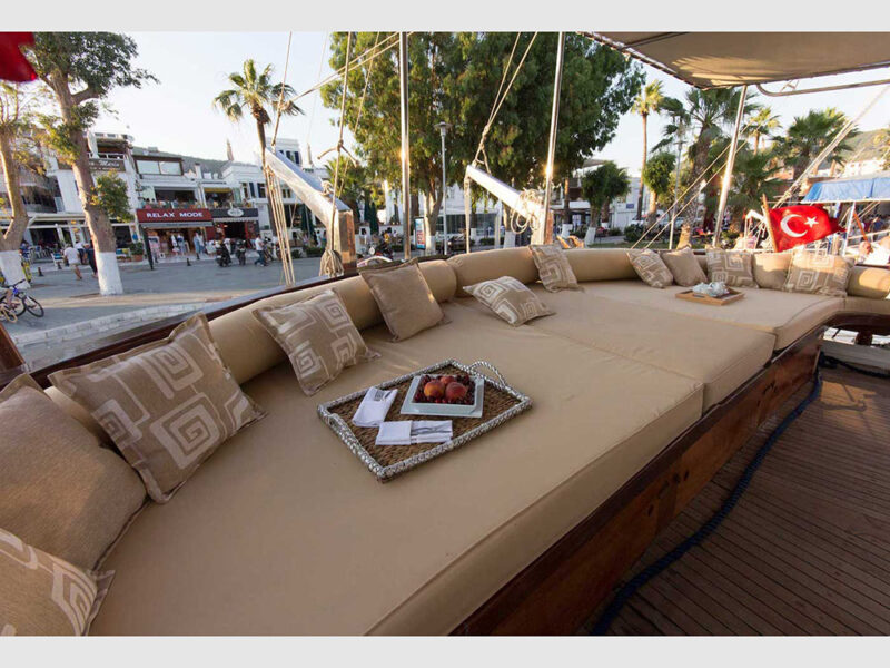 Rhodes blue cruise gulet outdoor aft deck lounge area