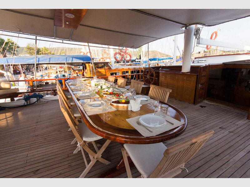 Rhodes blue cruise gulet outdoor aft deck dining table close-up