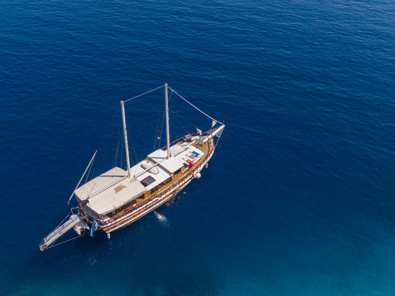 Rhodes blue cruise gulet exterior drone shot from top