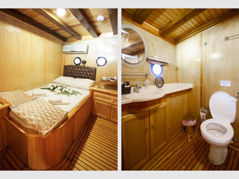 Rhodes blue cruise gulet indoor standard double cabin and bathroom