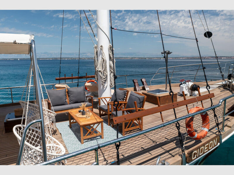 Gideon gulet Croatia charter yacht outdoor foredeck lounge area