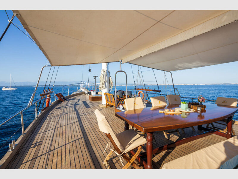 Gideon gulet Croatia charter yacht outdoor foredeck view from dining table