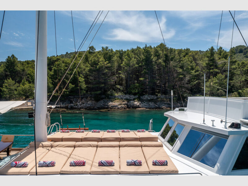 Gideon gulet Croatia charter yacht outdoor foredeck sunbeds