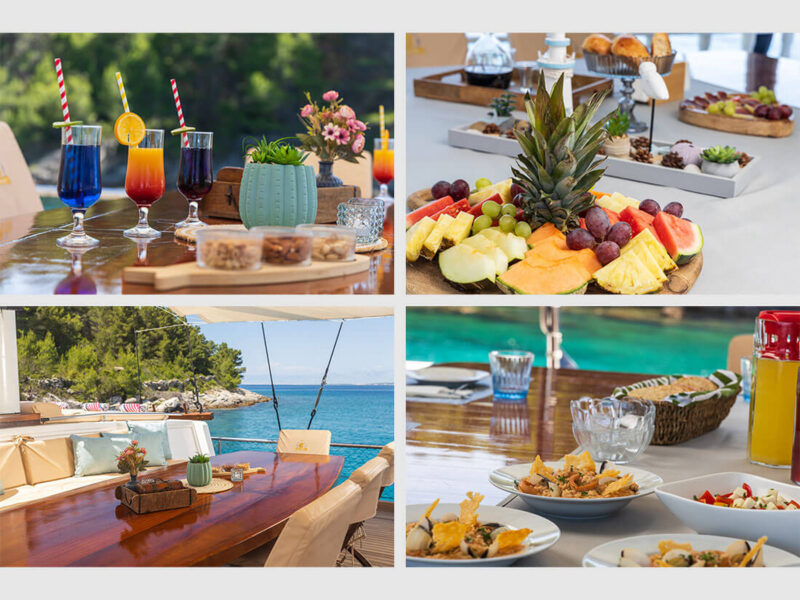 Gideon gulet Croatia charter yacht variety cocktail and fruit plate presentations