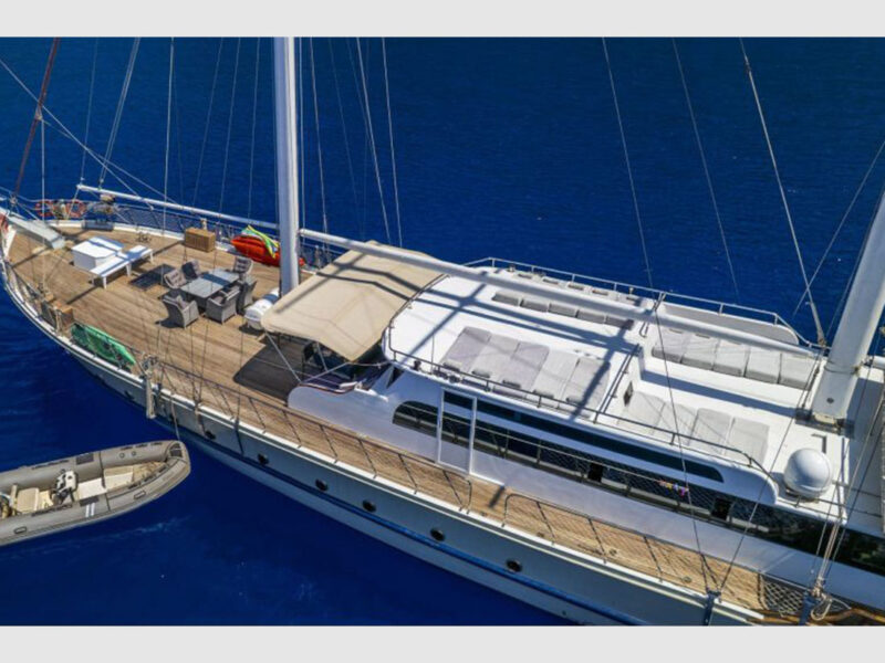 Holiday 10 charter gulet exterior fore deck drone shot