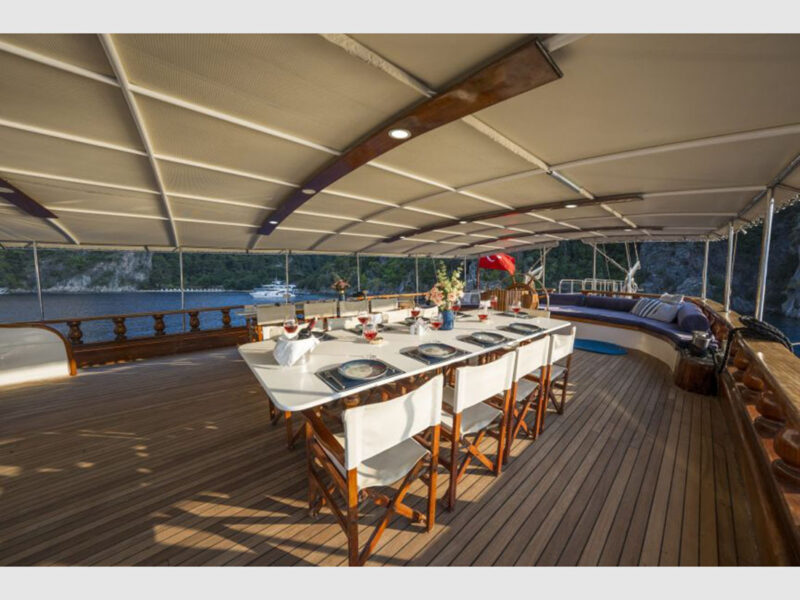 Holiday 10 charter gulet outdoor aft deck wide angle shot