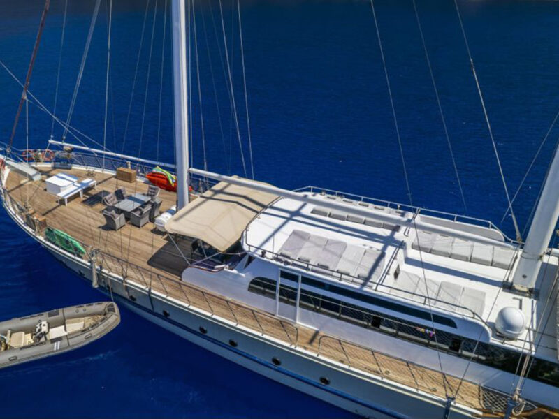 Holiday 10 charter gulet exterior fore deck drone shot
