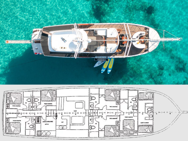 Phoenix Bronze gulet deck plan along with drone shot from top
