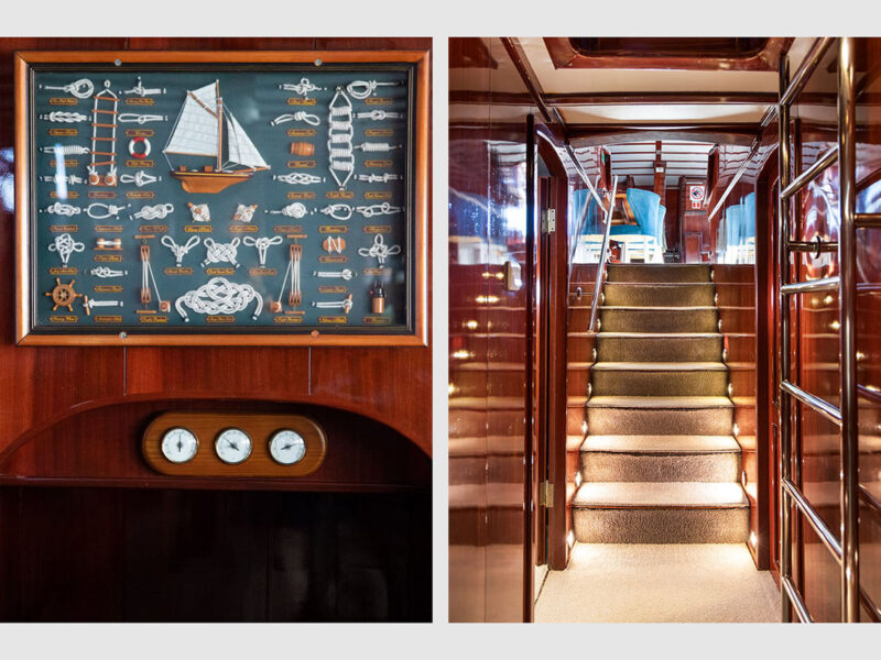 Phoenix Bronze charter gulet interior lower deck hallway stairs to saloon