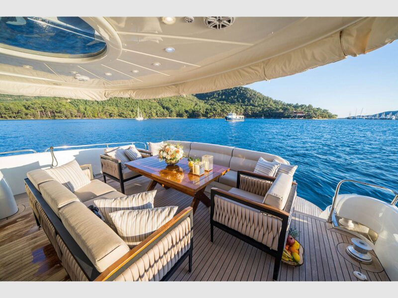 Viva Lola charter yacht outdoor aft deck dining table
