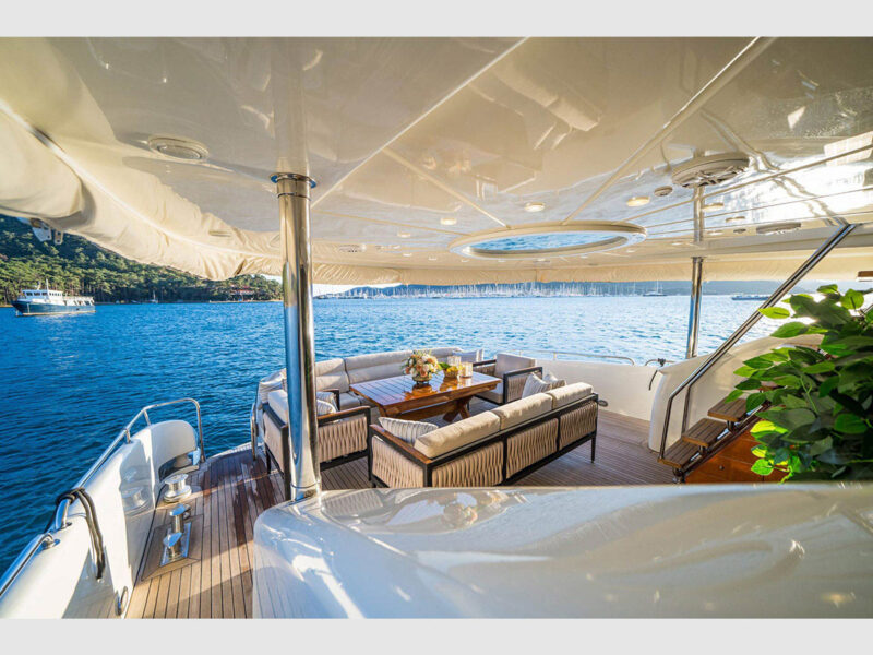 Viva Lola charter yacht outdoor aft deck wide angle