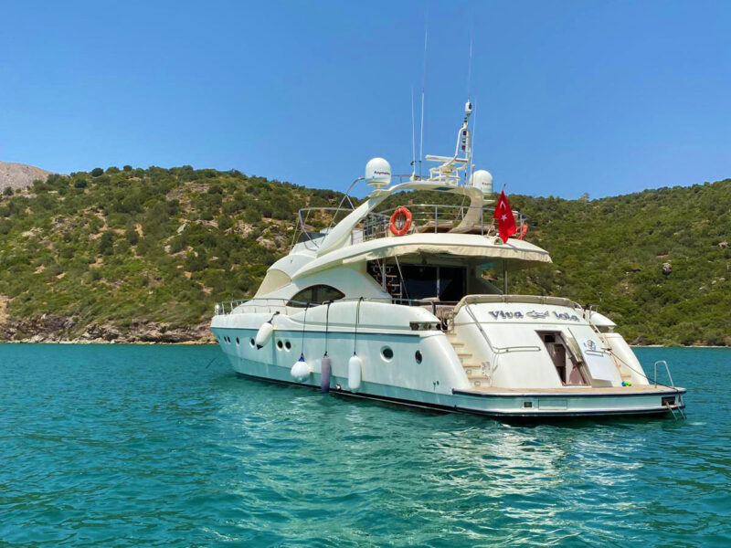 Viva Lola charter yacht exterior from portside aft quarter