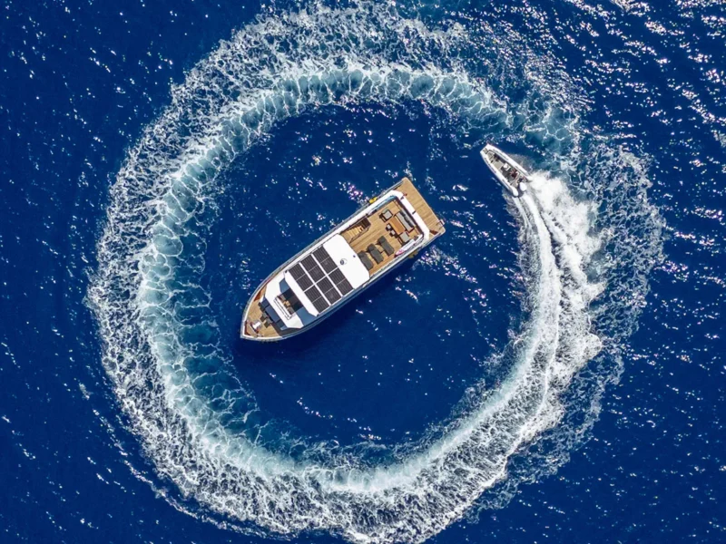 Akya-S trawler Fethiye charter yacht drone shot from top