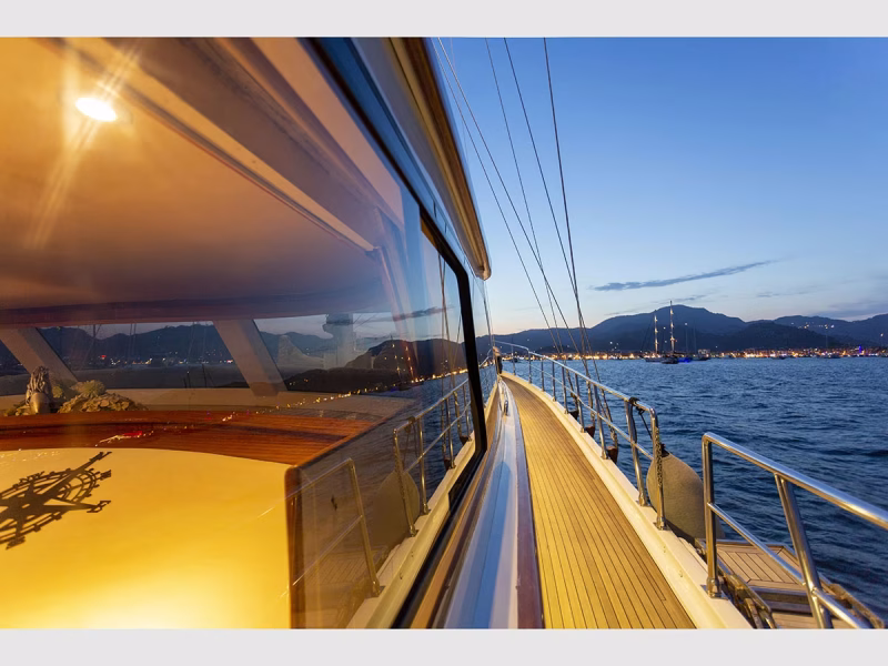 Diva Deniz gulet outdoor side deck in the evening