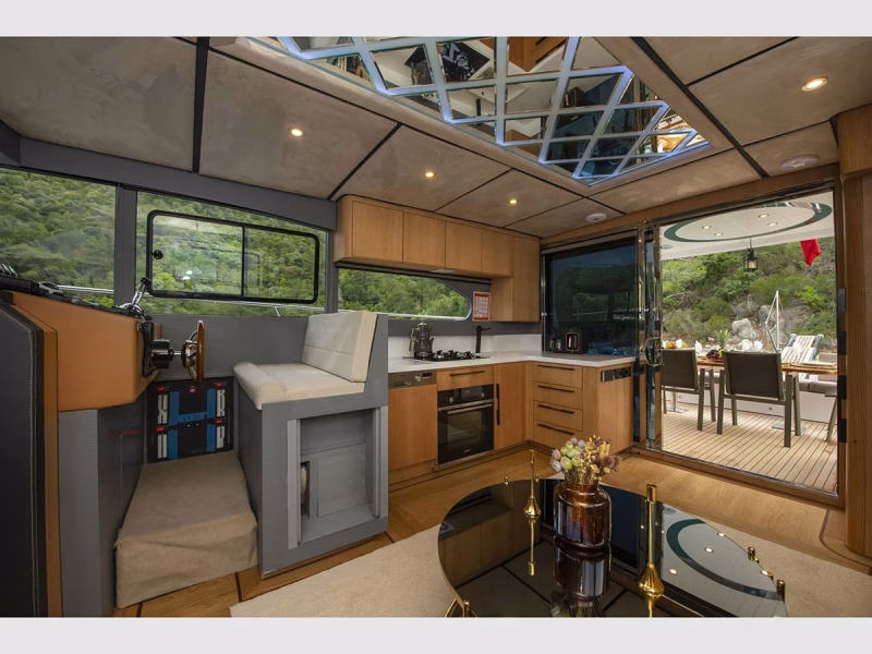 Golden Blue motor yacht interior saloon wide angle