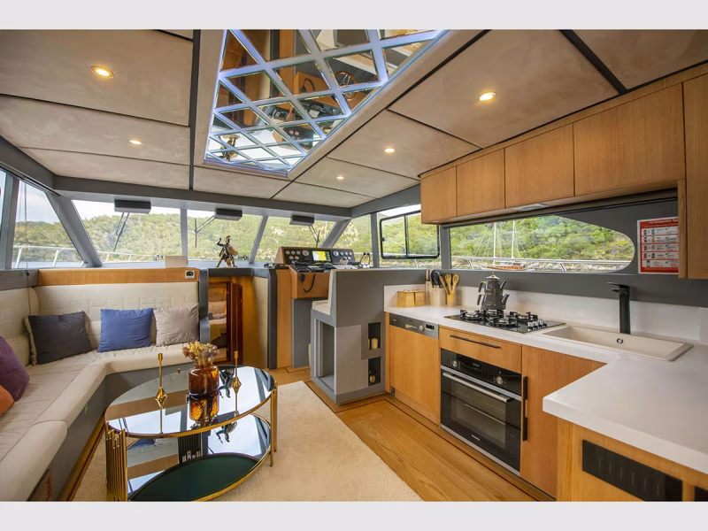 Golden Blue motor yacht interior saloon wide angle