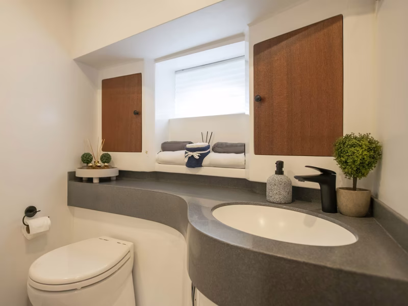 Golden Blue motor yacht interior master cabin bathroom