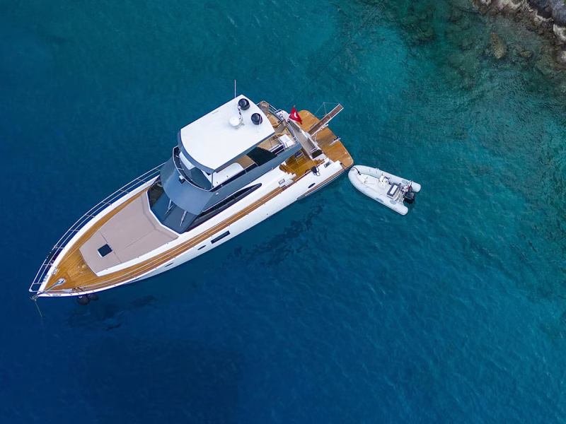 Golden Blue charter motor yacht exterior drone shot from top