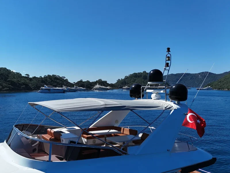 Ser-1 motor yacht upper deck (flybridge) close-up drone shot