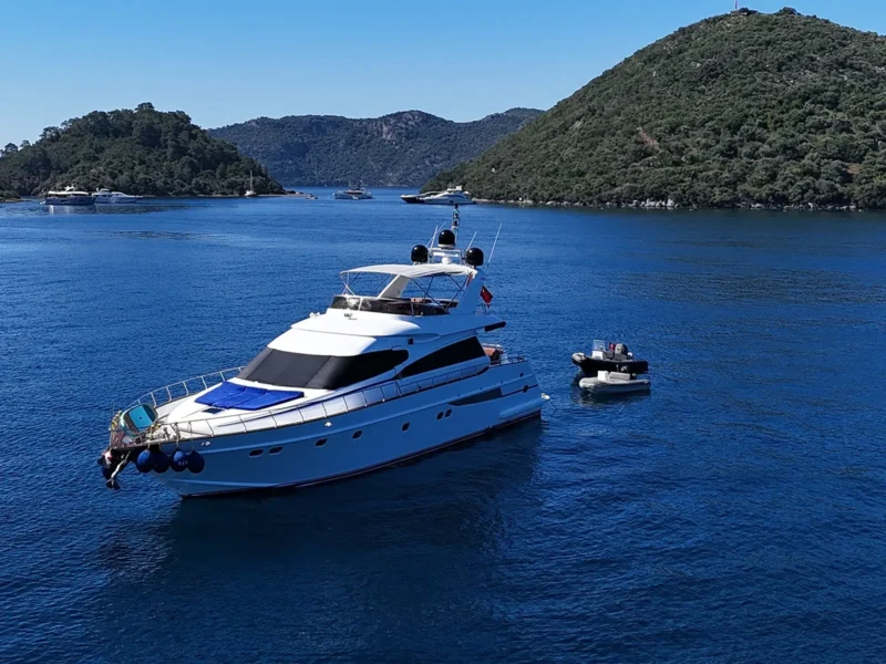 Ser-1 motor yacht exterior drone shot in Gocek bays