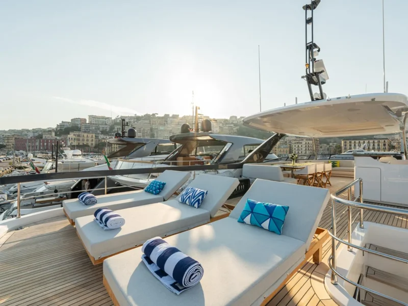 Angelo Azimut Grande 26 charter motor yacht outdoor upper deck premium sunbeds