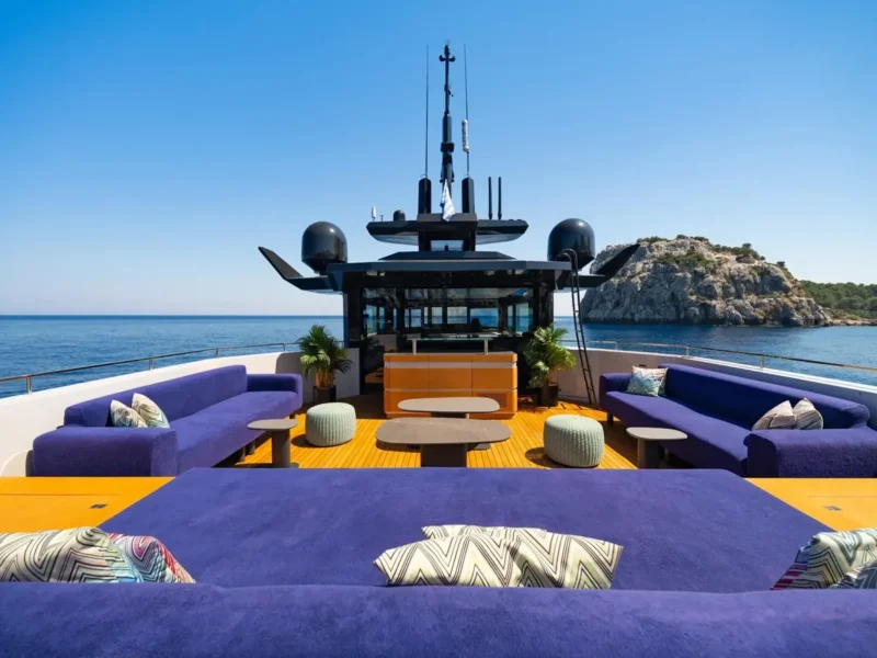Angels motor yacht outdoor upper deck sunbathing lounge area and bar