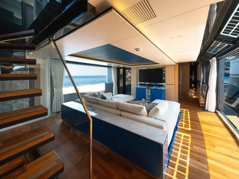 Angels motor yacht interior saloon and stairs to upper deck