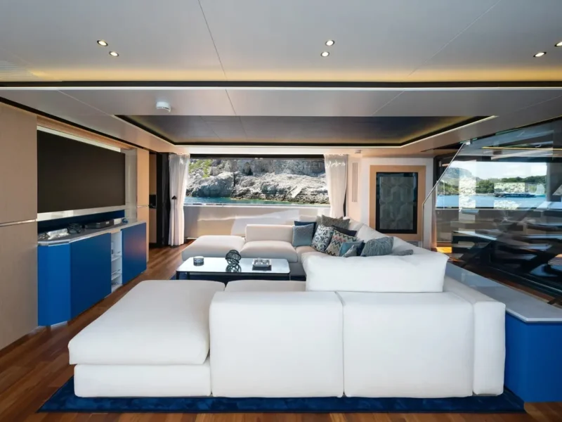Angels motor yacht interior saloon seating area and TV unit