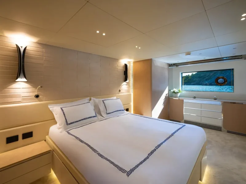 Angels motor yacht interior master cabin wide angle