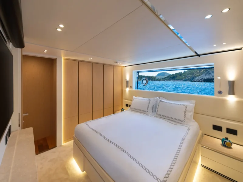 Angels motor yacht interior port double cabin wide angle