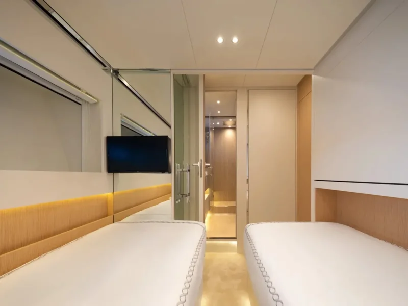 Angels motor yacht interior twin cabin wide angle