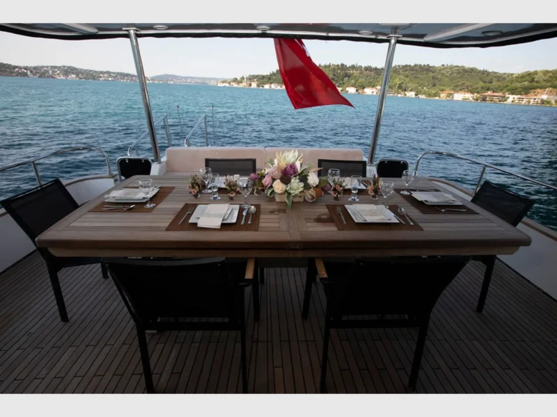 Poseidon-F charter motor yacht in Gocek, outdoor aft deck dining table