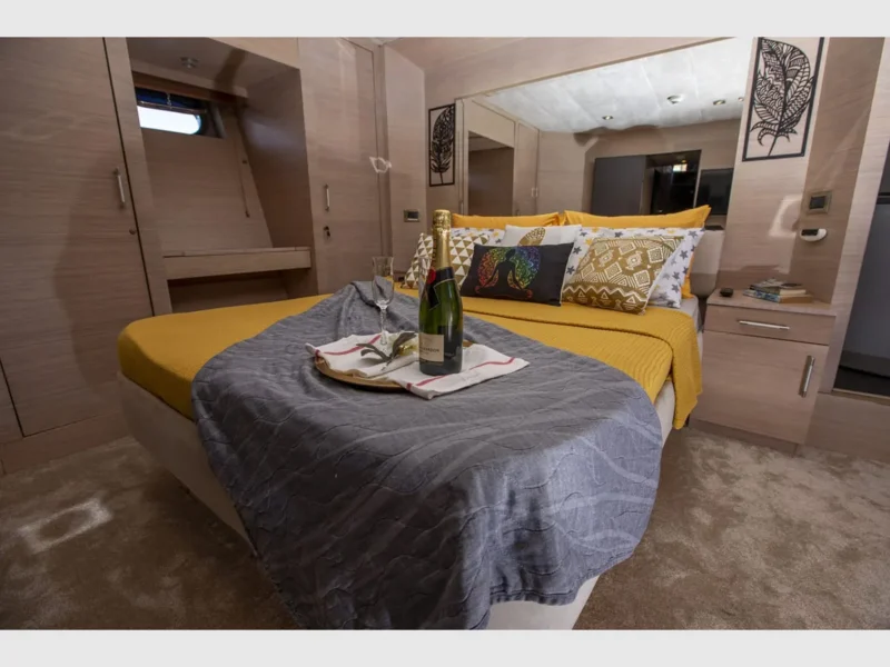 Poseidon-F charter motor yacht in Gocek, interior fore master cabin wide angle